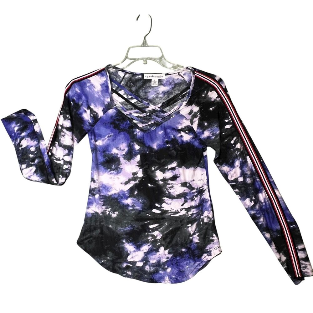 Eye Candy Shirt Womens Large Purple Black Tie Dye Crisscross V-Neck Long Sleeve